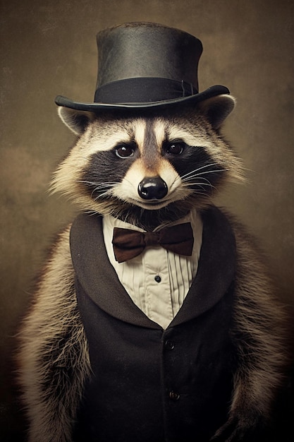 A raccoon dressed in a top hat and top hat.