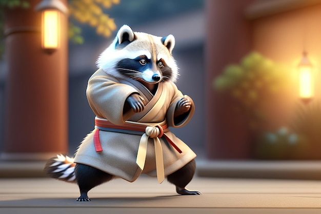 Raccoon fighting character training in chinese clothes