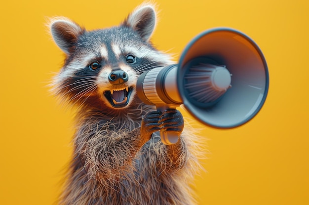 Photo raccoon filmmaker directing a blockbuster movie on a bright yellow background