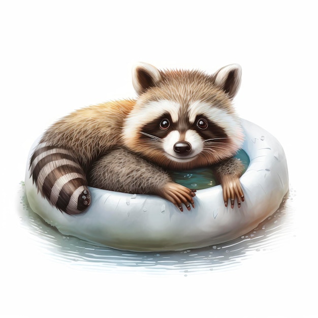 Raccoon on a float in the water.