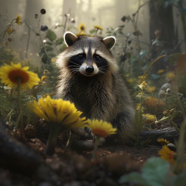 A raccoon in a forest with yellow flowers in the background.