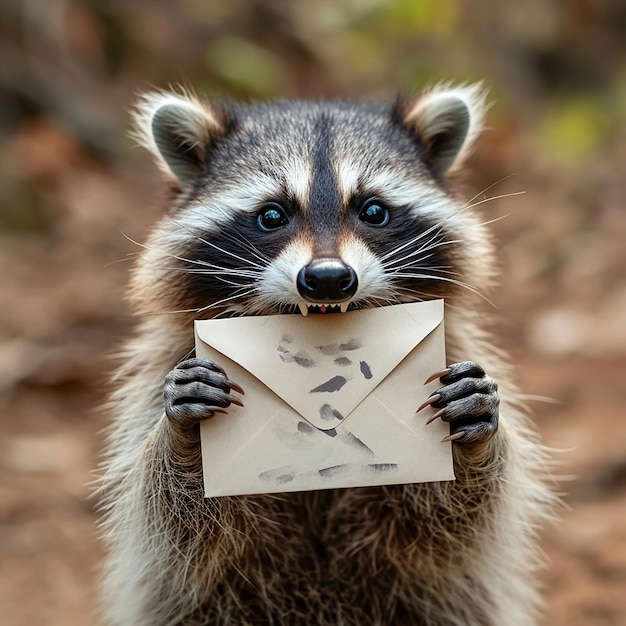 a raccoon holding a letter that says quot a letter quot in it