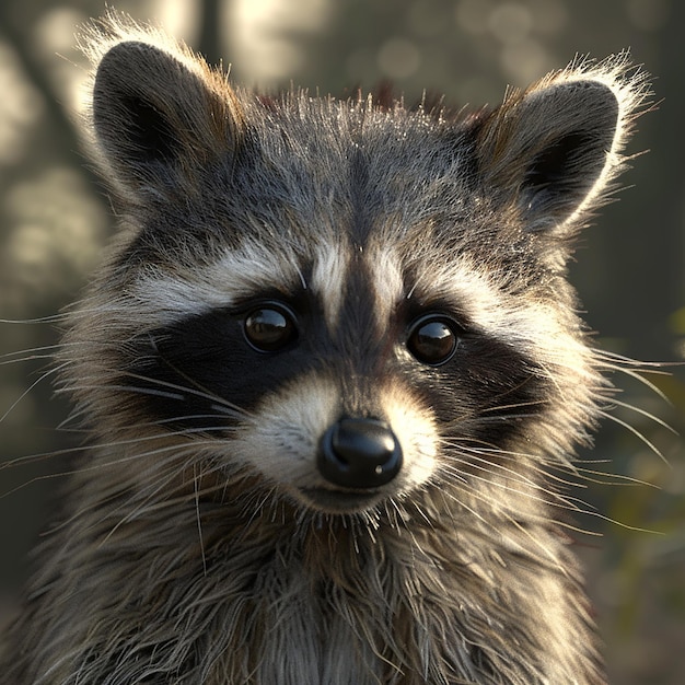 a raccoon is looking at the camera with a blurry background