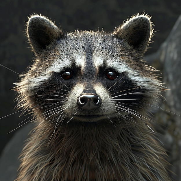 a raccoon is looking at the camera with whiskers