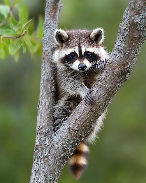 a raccoon is perched on a tree branch