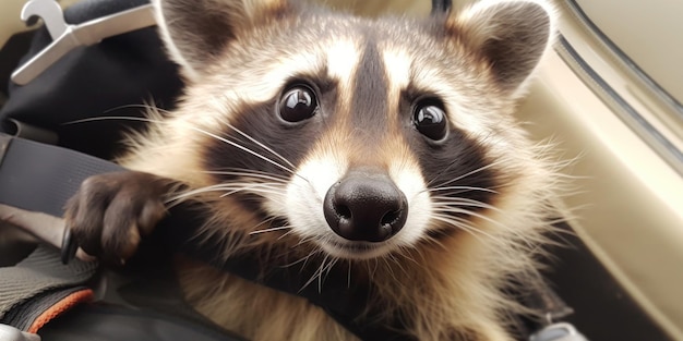 A raccoon is shown in a car.