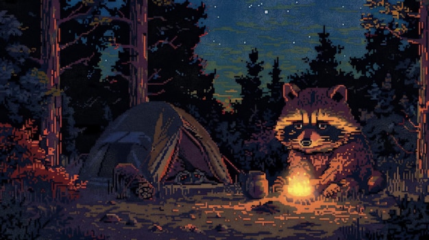 A raccoon is sitting by a campfire in the woods There is a tent in the background The raccoon is looking at the fire The raccoon is wearing a hat