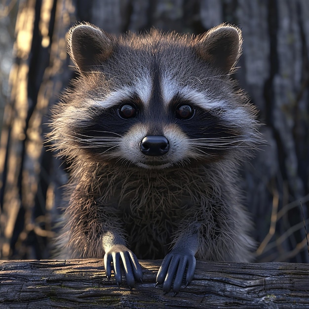 a raccoon is sitting on a log in front of a tree