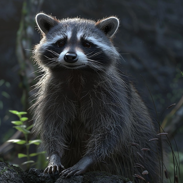 a raccoon is sitting on a rock in the woods