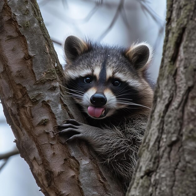 a raccoon is sitting in a tree and it is licking its tongue