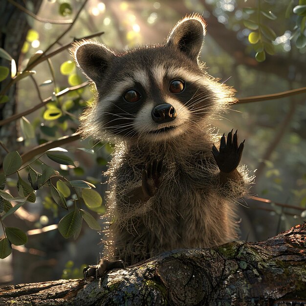 a raccoon is sitting in a tree with the sun shining through the leaves