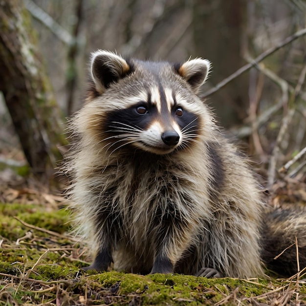 a raccoon is sitting in the woods looking at the camera ai