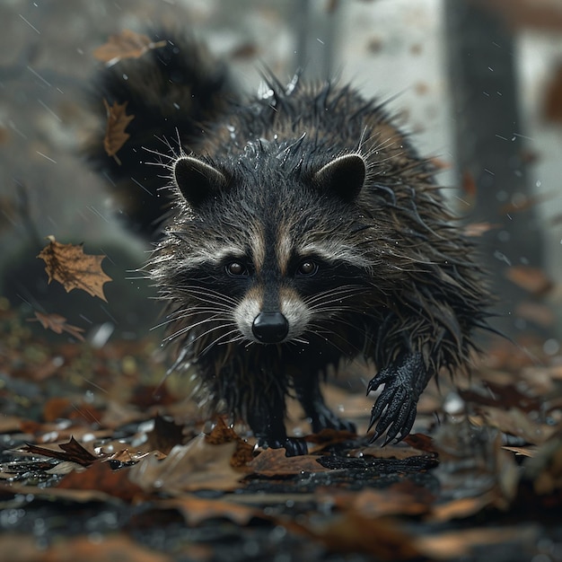 a raccoon is standing in the rain with leaves on it