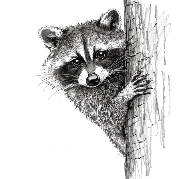 Photo raccoon isolated pencil drawing on white paper artwork