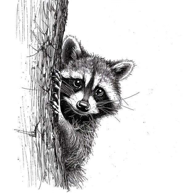 Photo raccoon isolated pencil drawing on white paper artwork