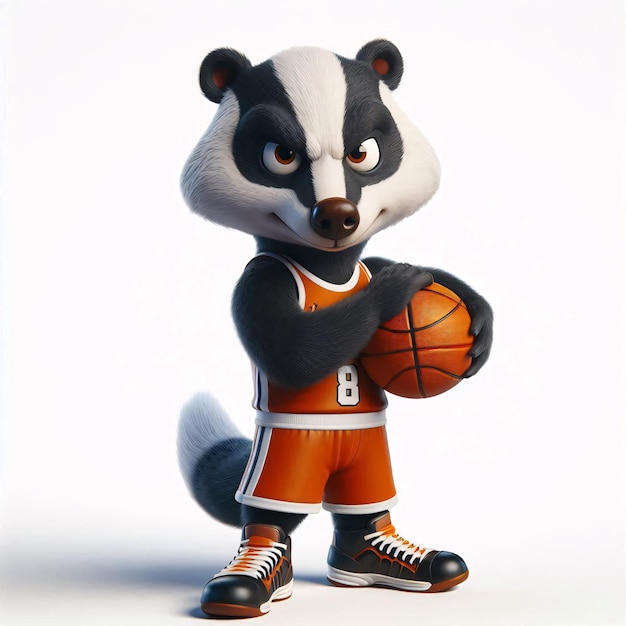 a raccoon mascot holding a basketball in his right hand