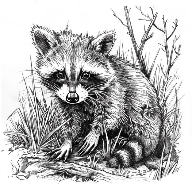 Photo raccoon pup isolated pencil drawing on white paper artwork