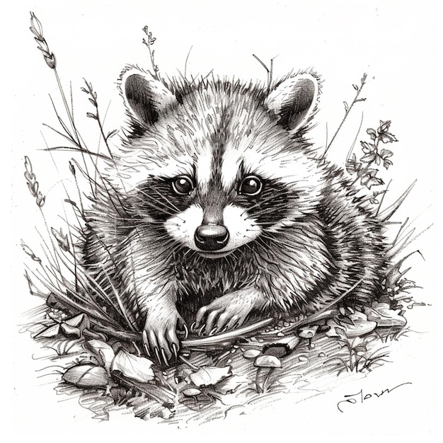 Photo raccoon pup isolated pencil drawing on white paper artwork