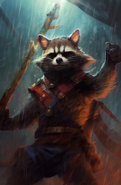 A raccoon in the rain with a stick in his hand.