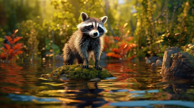 A raccoon on a rock in a pond