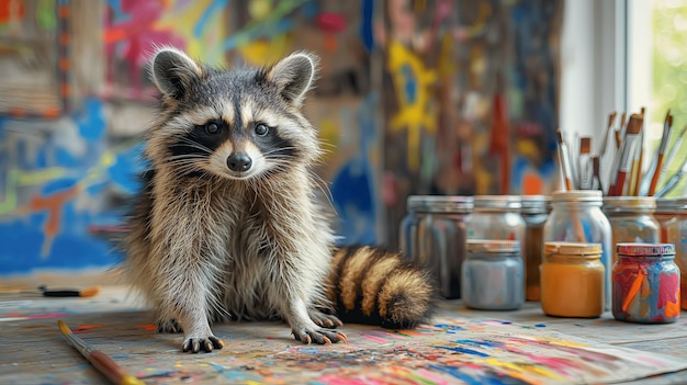 a raccoon sits on a colorful rug with jars of spices in front of them