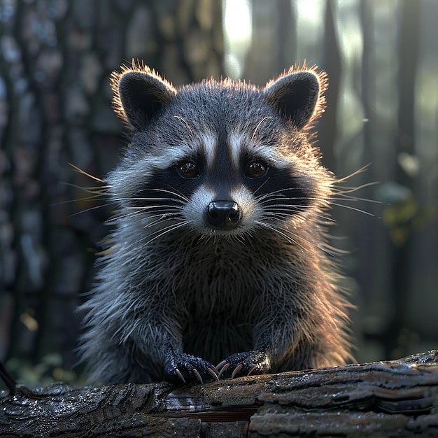 a raccoon sits on a log in front of a tree