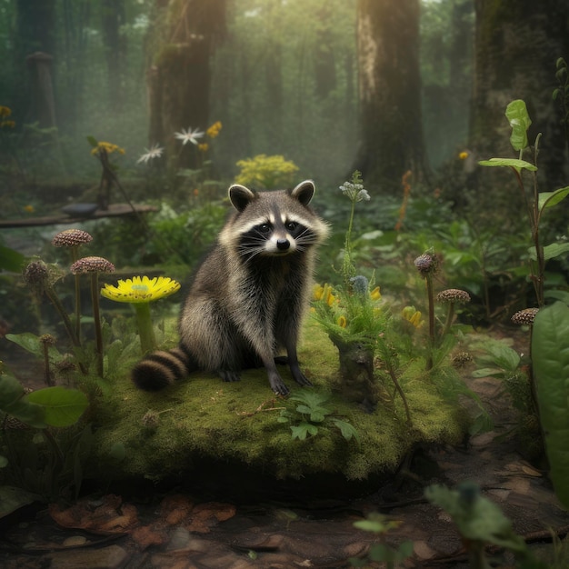 A raccoon sits on a mossy rock surrounded by flowers.