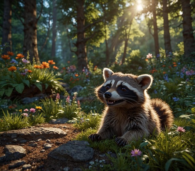 a raccoon sitting in the grass in front of some flowers