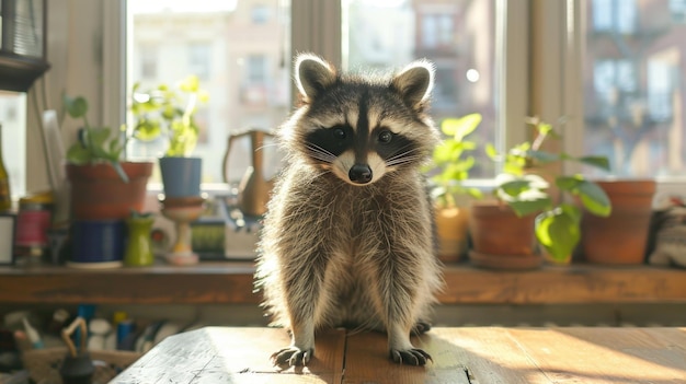 Photo raccoon sitting on a table by a window