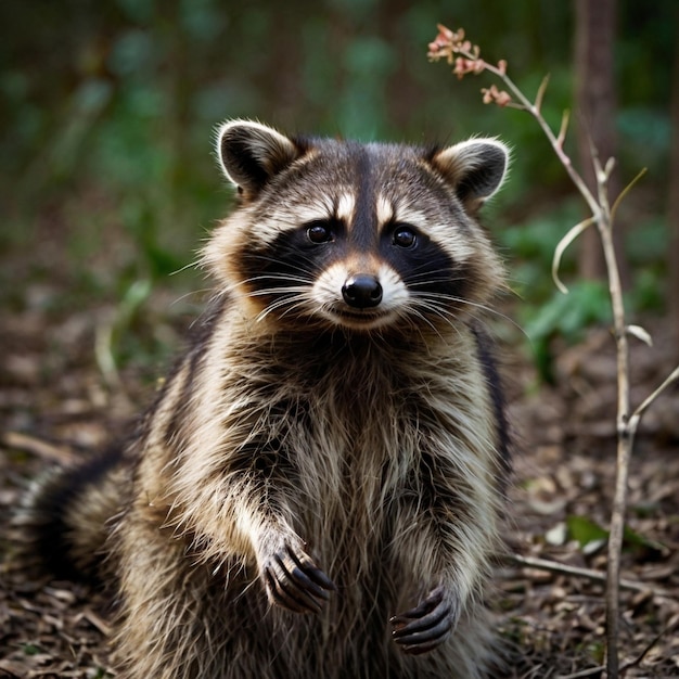 Photo a raccoon sitting in the woods