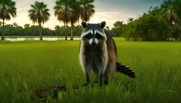 A raccoon standing in a field with palm trees in the background.