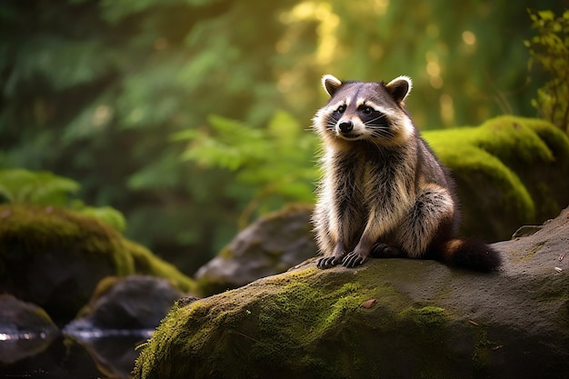 a raccoon standing on a log in a forest