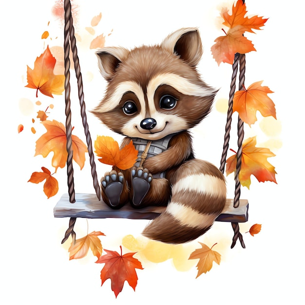 Raccoon on swing in autumn woodland