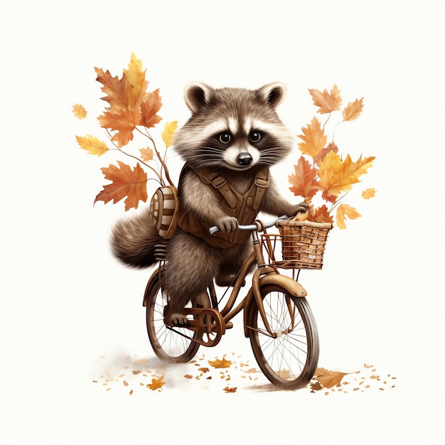 Raccoon on swing in autumn woodland