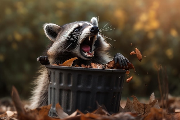 Raccoon in trash can leans out mouth open autumn AI generated