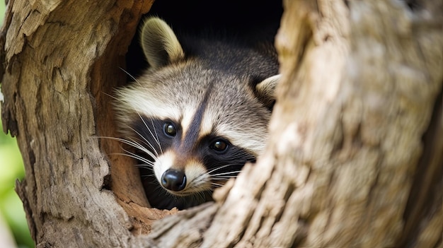 A raccoon in a tree with a hole in the trunk