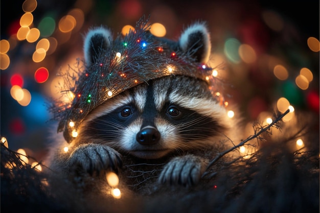 A raccoon wearing a christmas hat with lights on it