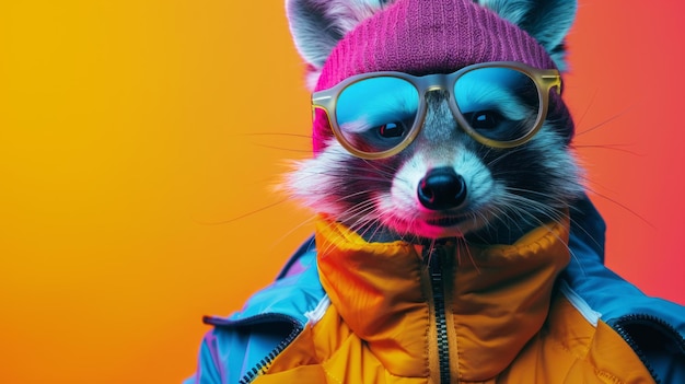 a raccoon wearing a jacket with a hood and goggles