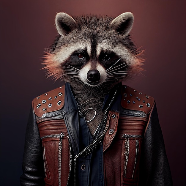 A raccoon wearing a leather jacket with the word rocket on it.