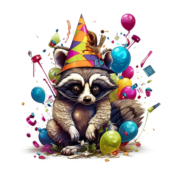 A raccoon wearing a party hat surrounded by balloons and confetti AI generative image