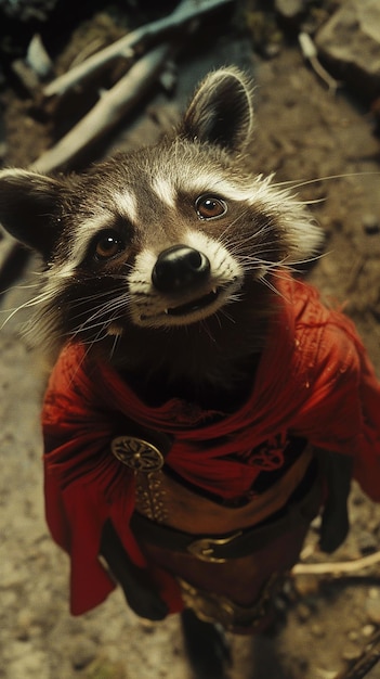 a raccoon wearing a scarf that says raccoon