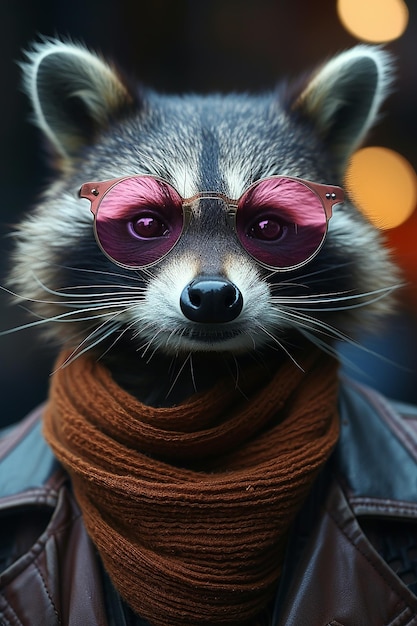 Photo a raccoon wearing a scarf with a face that says raccoon