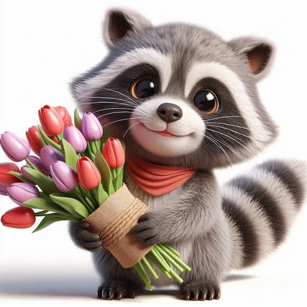 Raccoon with a bouquet of flowers clipart childrens illustration