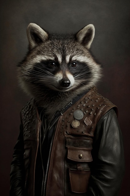 A raccoon with a brown vest and a shirt that