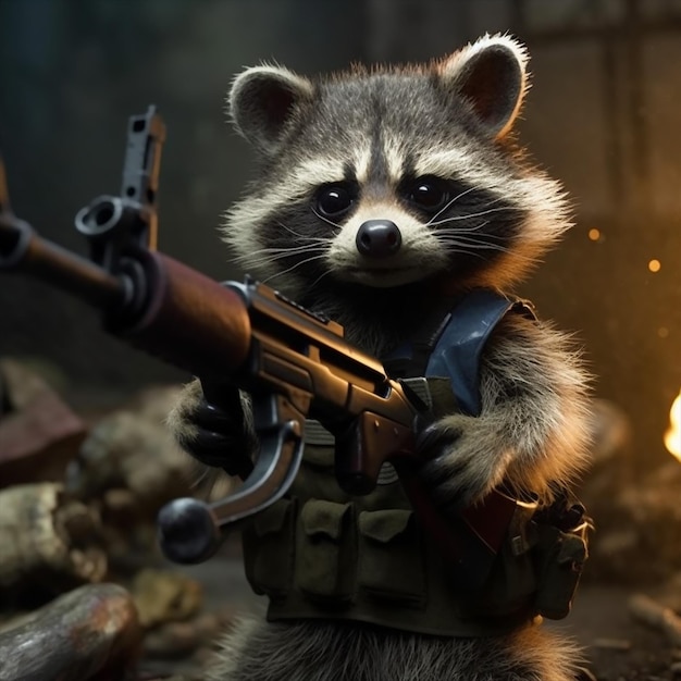 Raccoon with a gun in his hand