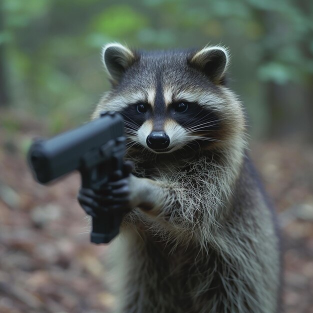 a raccoon with a gun in his mouth