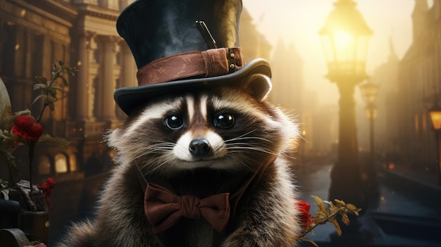 a raccoon with a hat on his head is wearing a top hat.