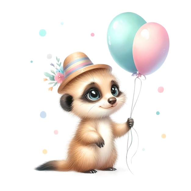 Photo a raccoon with a hat on its head and a balloon with a ribbon around it