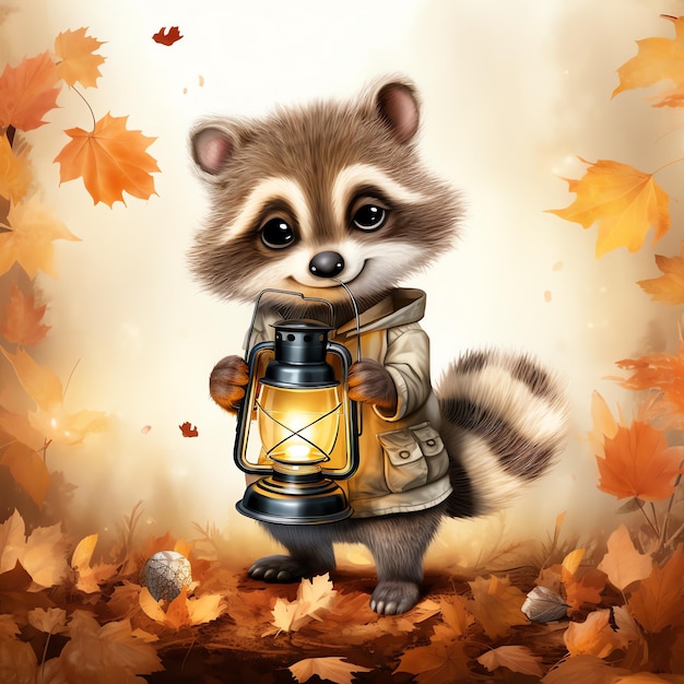 Raccoon with lantern in autumn woodland