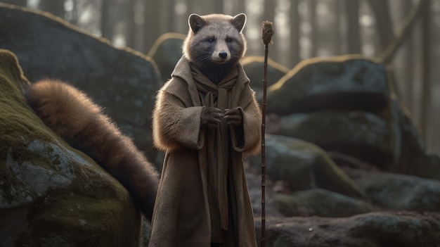 A raccoon with a long coat stands in a forest.